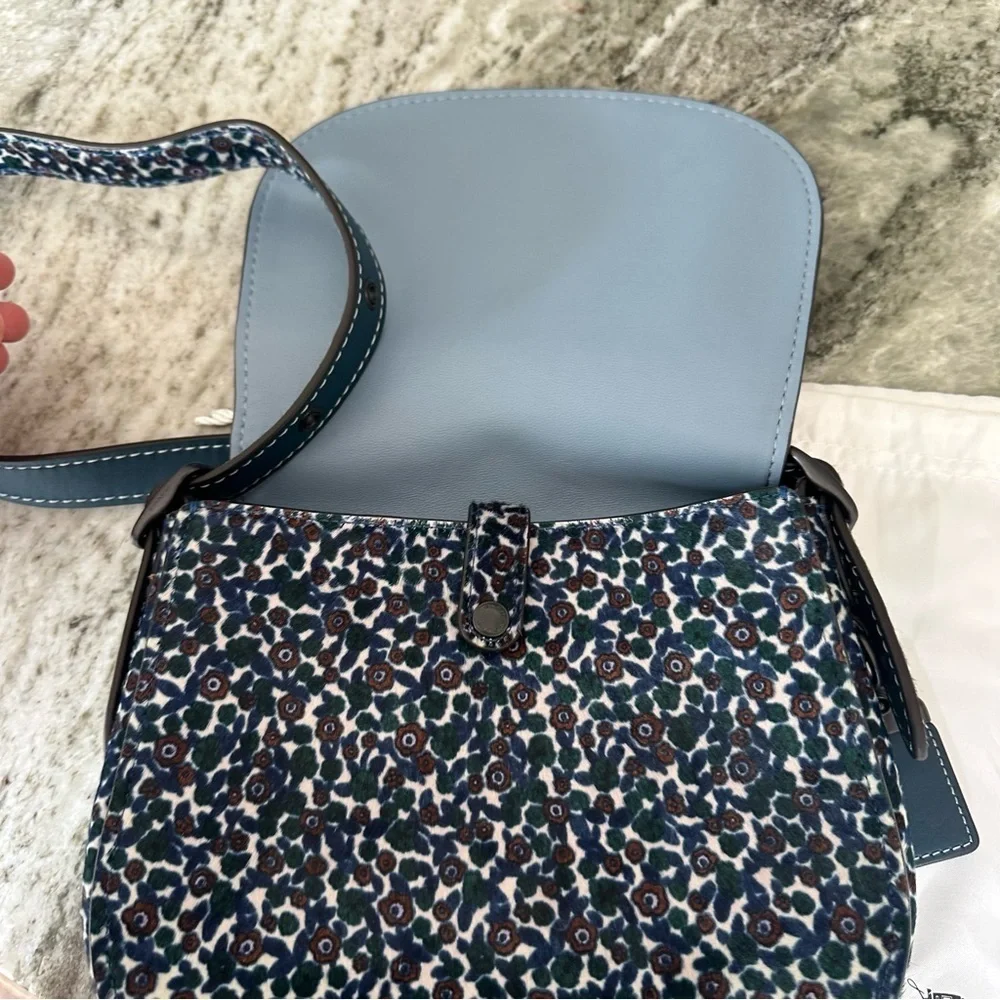 Coach Saddle 23 Blue and Pink floral calf hair crossbody Bag Rare NWT